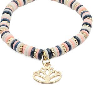 Polymer Clay and Snow Jade Heishi Bead Stretch Bracelet - Lotus Flower Charm
